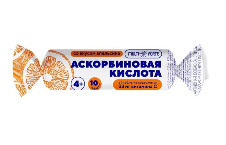 МУЛЬТИФОРТЕ АСКОРБИНОВАЯ КИСЛОТА С САХАРОМ И ГЛЮКОЗОЙ СОЛНЫШКО ТАБЛ. СО ВКУСОМ АПЕЛЬСИНА 3Г КРУТКА №10